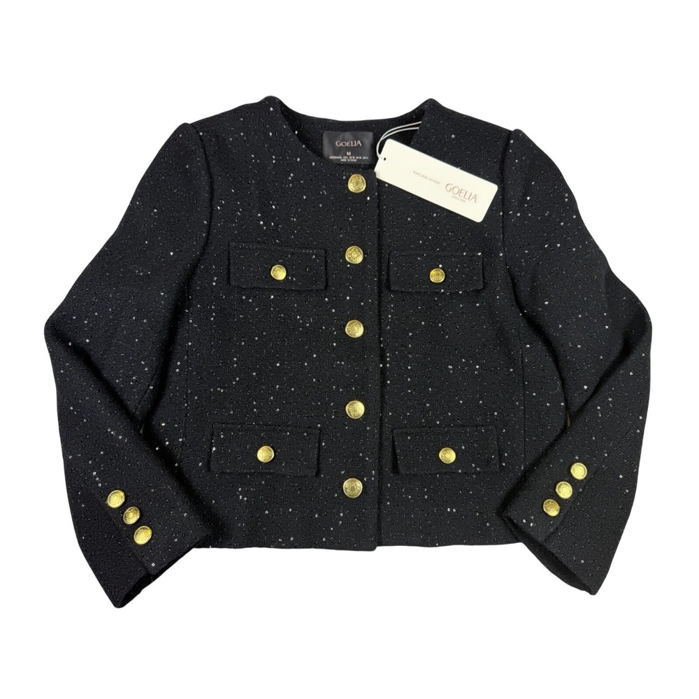 GOELIA Black Tweed Cropped Jacket M (6) Gold Buttons Sequin Boucle Jacket Luxury